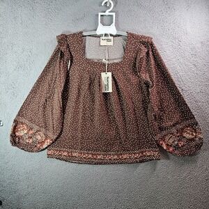 NEW Savanna Jane Top Blouse Women Small  Embroidered Hem Square Neck Brown‎